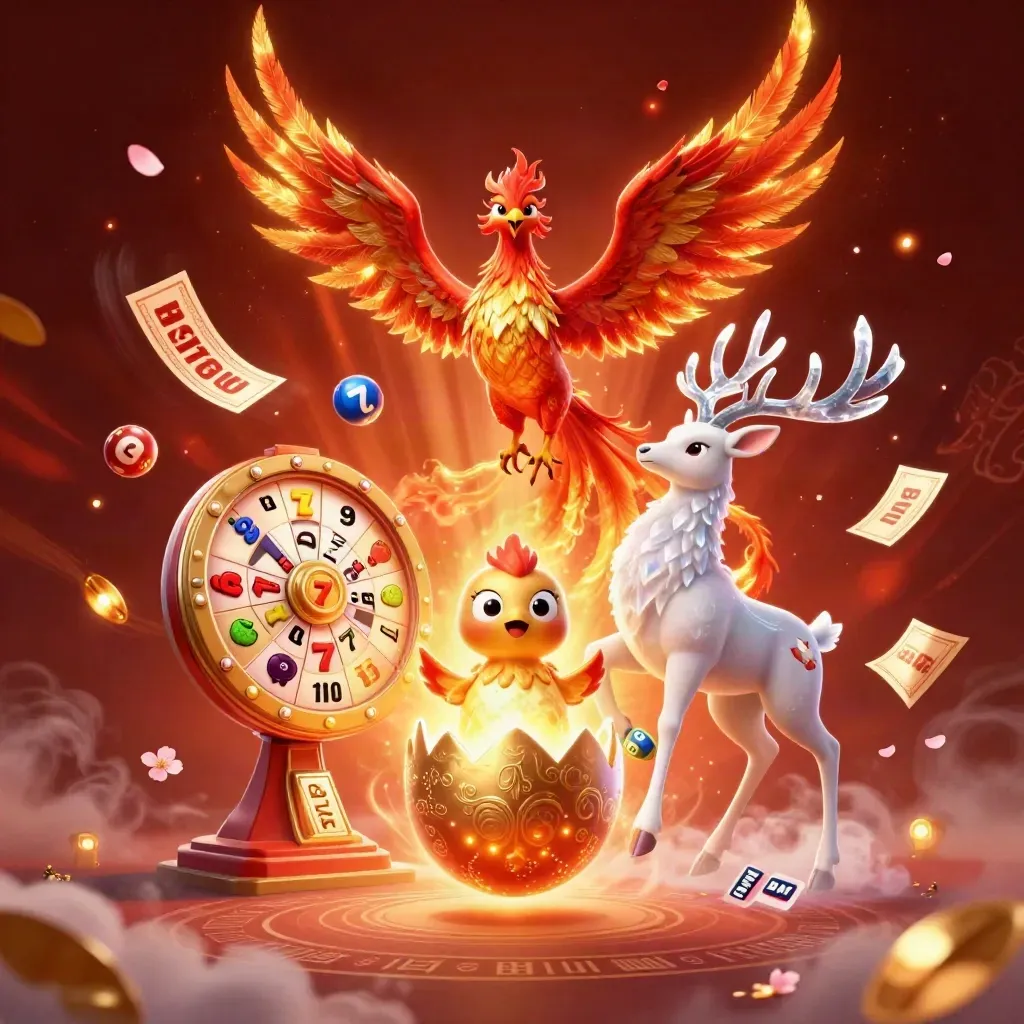 Phoenix, hatchling and crystal-antler stag amid casino tokens and electric blue magic