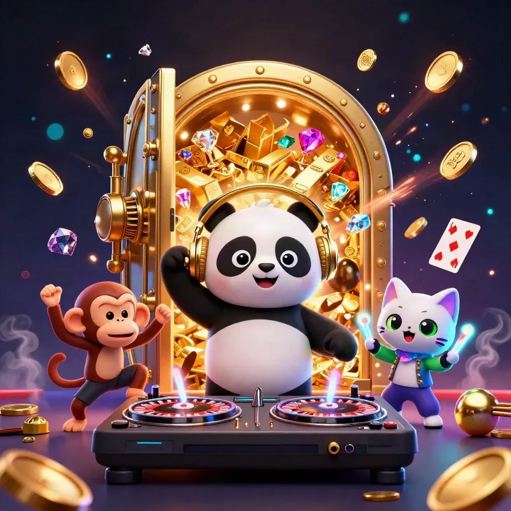 DJ panda, monkey, and glow-stick kitten bursting from a golden vault with casino loot.