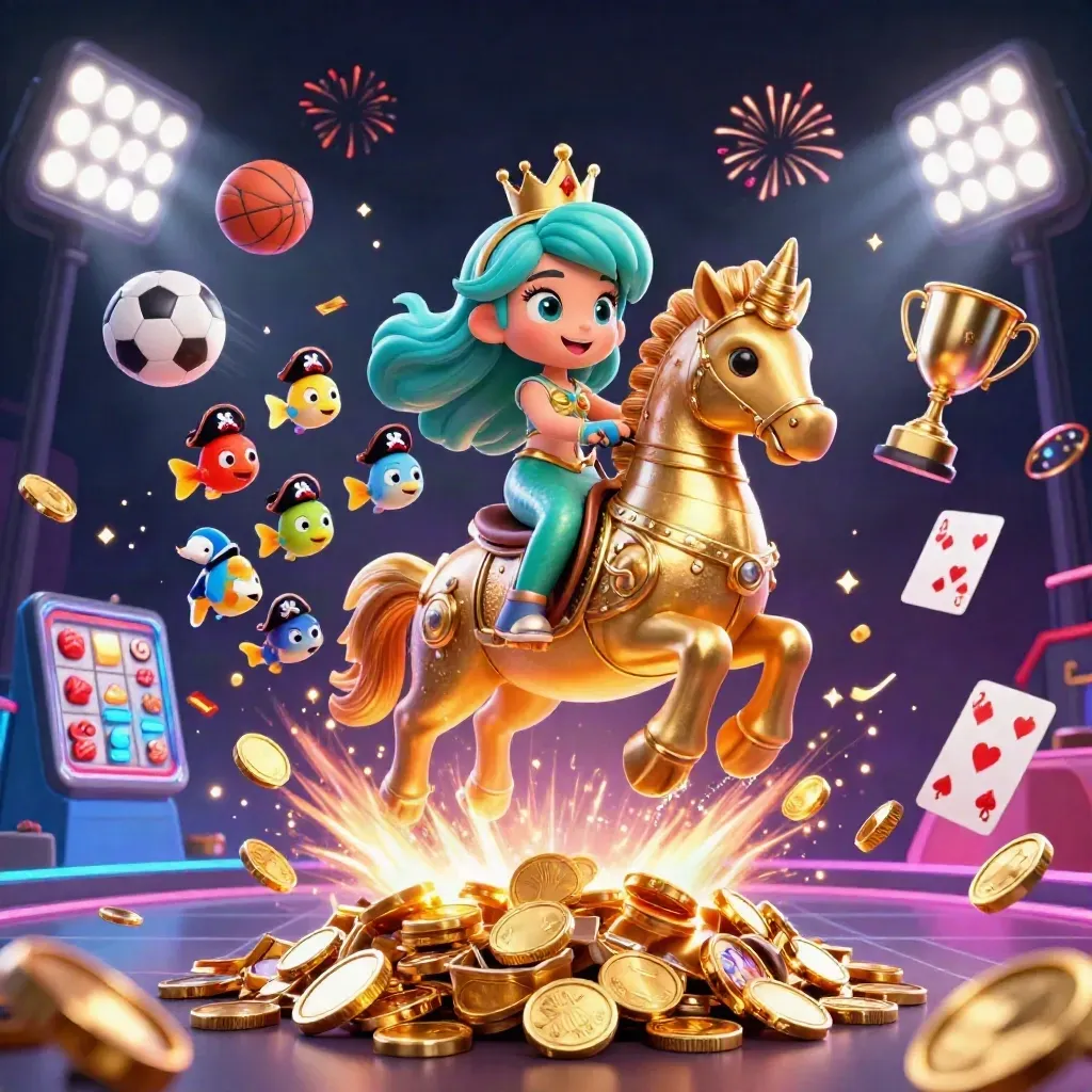 Mermaid princess on armored seahorse amid coins, balls, fireworks and casino loot in neon blue-gold.