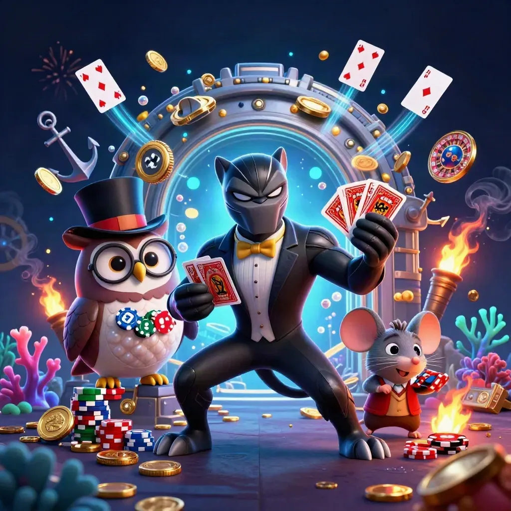 Panther, owl and mouse amid coins, coral, cards and blue fireworks in a dark treasure cove.