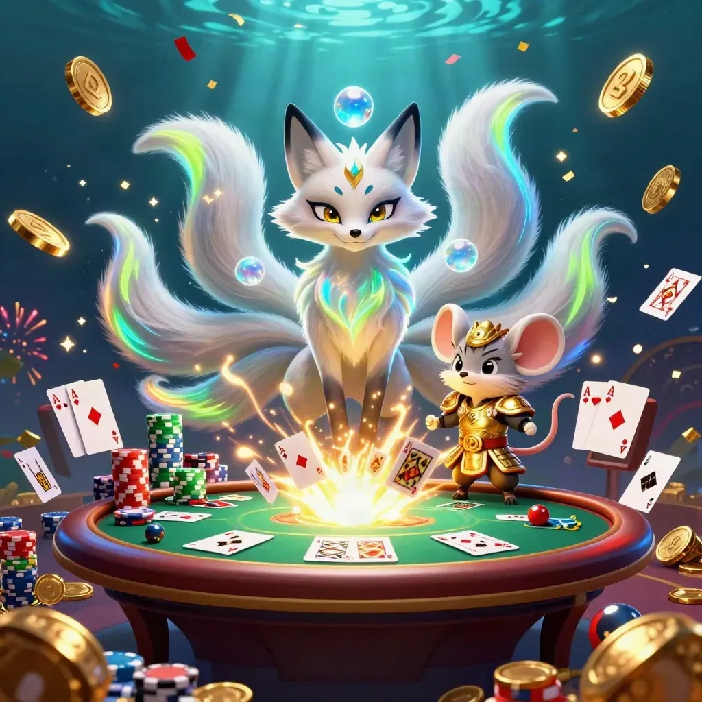 Neon fox spirit and golden mouse amid casino chips, cards, coins and fireworks over dark teal water
