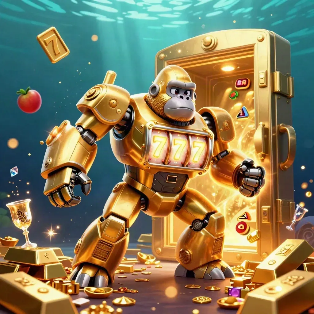 Golden gorilla slot-machine mech with monkey pilot, vault door, gold and gems in neon blue light