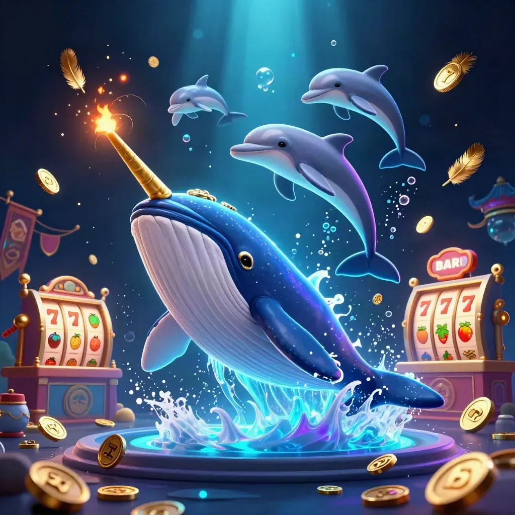 Whale captain, narwhal, and dolphins burst through coins in a neon casino fantasy.