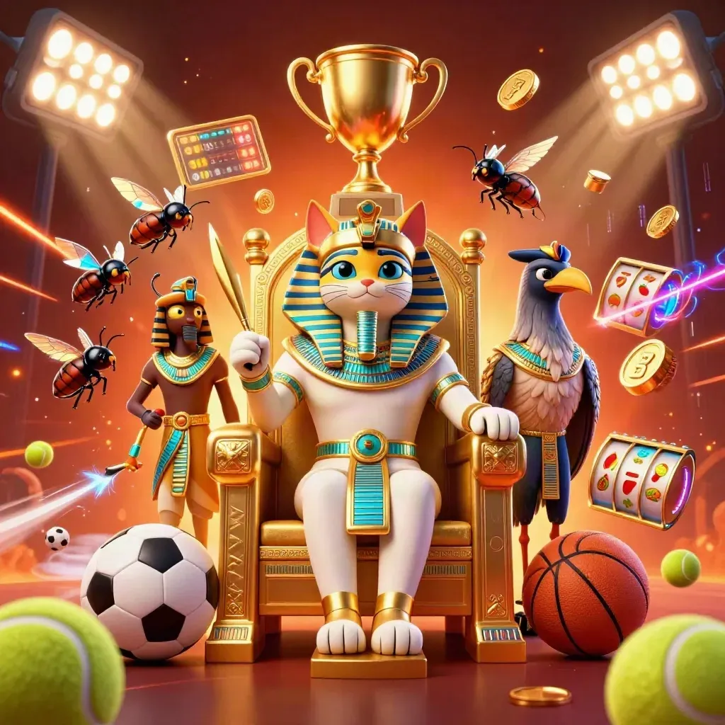 Pharaoh cat, ibis scribe, and gem-winged scarabs amid casino lights and sports balls.