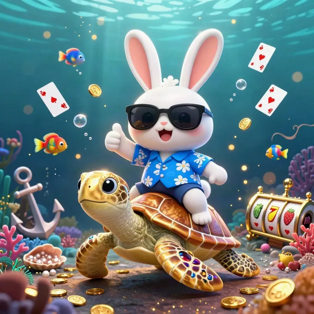 Lucky rabbit rides a jeweled sea turtle amid cards, coins, coral, and glowing underwater casino effects