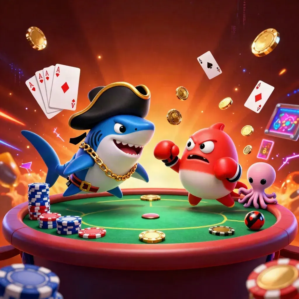 Shark pirate, pufferfish boxer and octopus with casino chips, cards and coins in neon action.