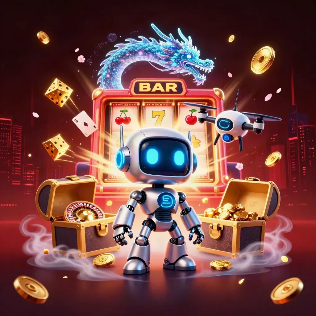 Cyberpunk robot, holographic dragon and coin drone amid slot machine burst, gold and neon casino energy.
