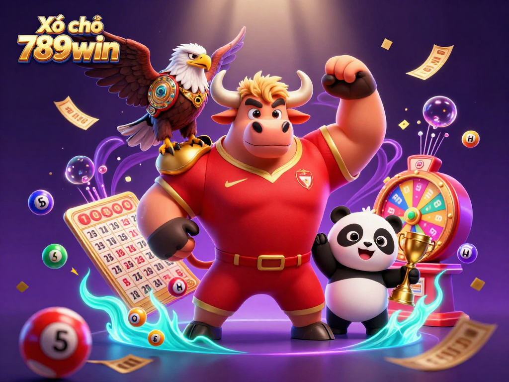 Xổ số 789win brings excitement with vibrant lottery balls and mascots showcasing a winning atmosphere
