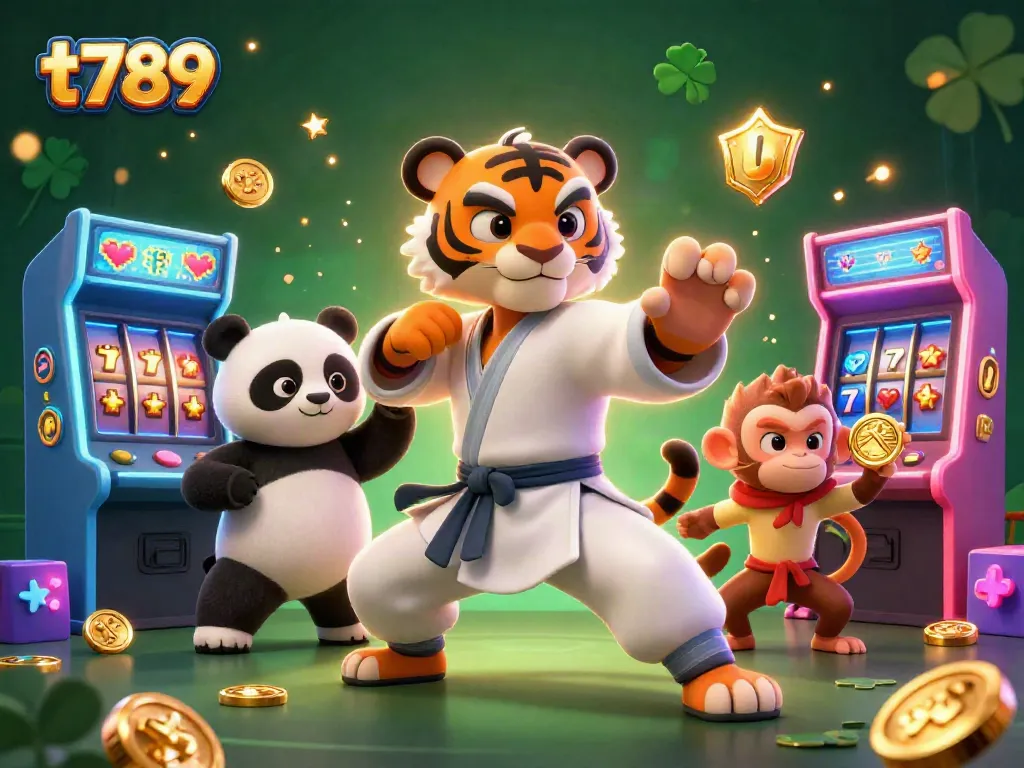 Engage with thrilling gaming at t789 as a kung fu tiger teaches, amid a vibrant casino scene