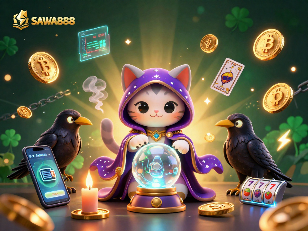 SAWA888 features vibrant slot symbols and glowing crypto elements, perfect for online gambling