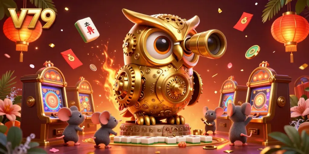 Experience the excitement at V79 with a golden owl overlooking a vibrant casino scene full of lucky charms.