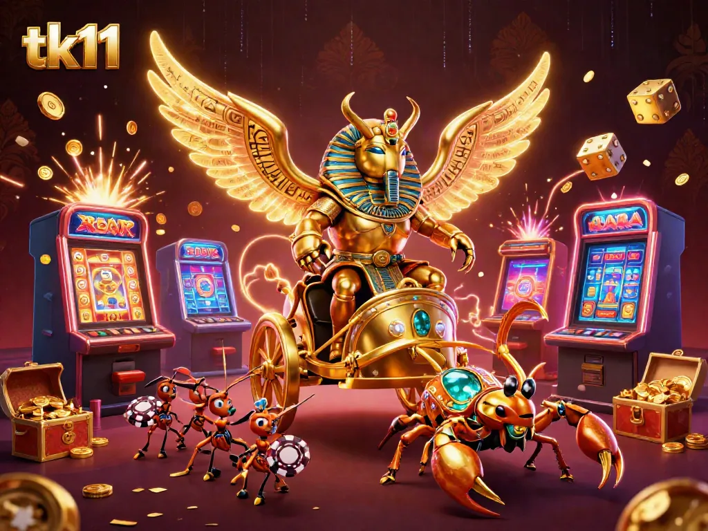 Engage with tk11's vibrant casino world featuring a golden scarab beetle and stunning slots explosion.