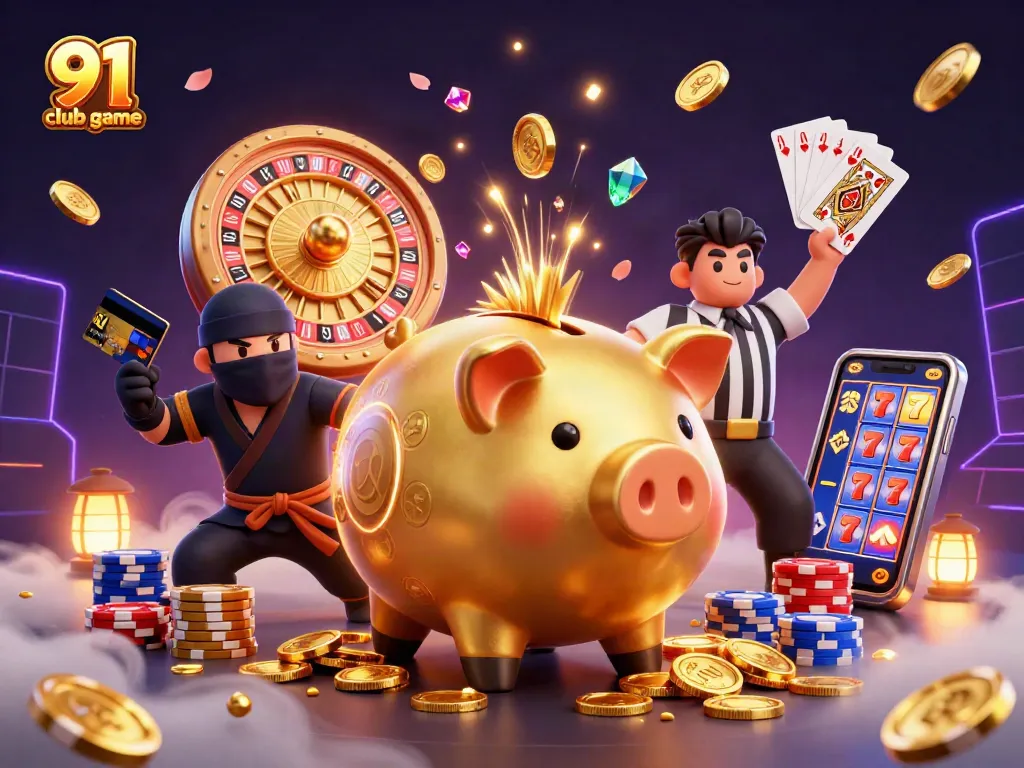 Engage in the 91 club game with exciting characters, gold coins, and vibrant casino elements.