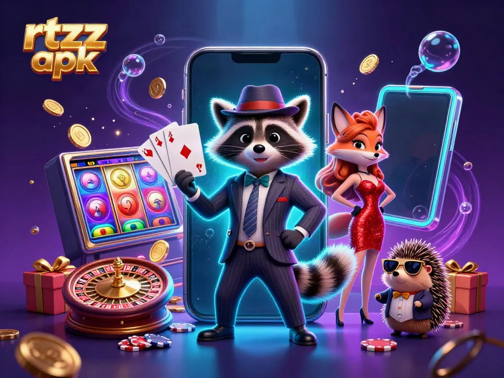Experience the thrill of gameplay with rtzz apk, showcasing a suave raccoon and playful characters amidst vibrant casino elements.