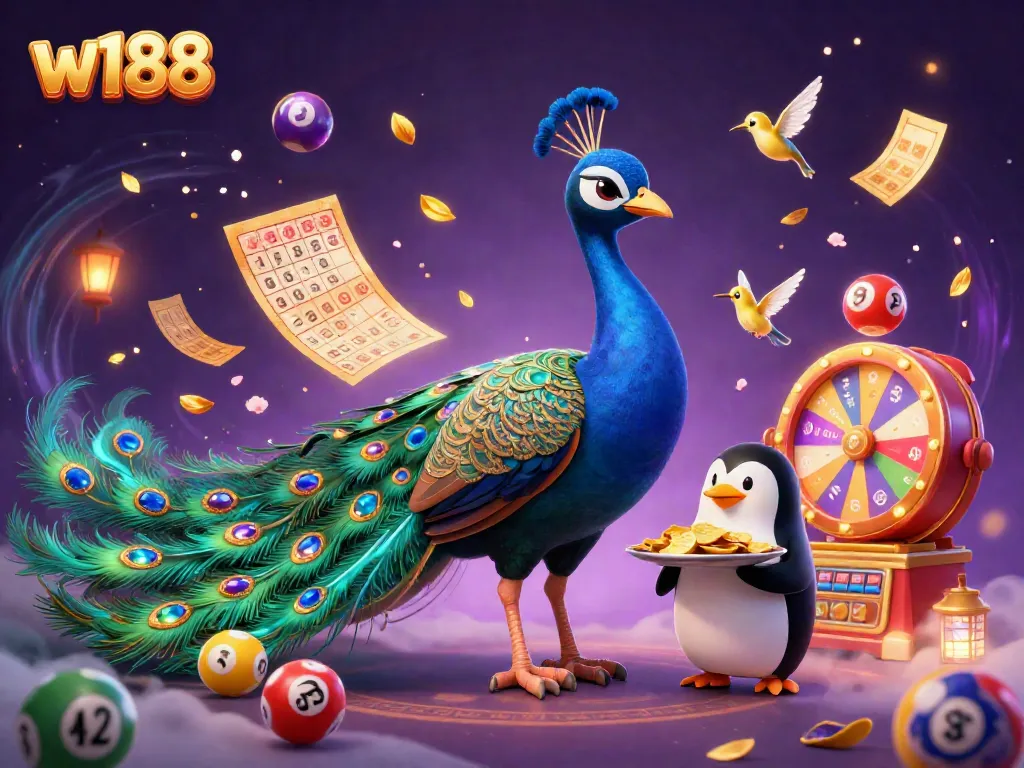 A vibrant scene showcasing w188 with a cartoon peacock, butler penguin, and hummingbird surrounded by lottery elements.