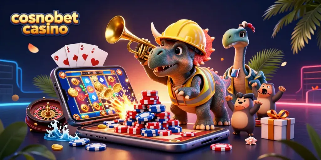 Experience the excitement of cosmobet casino with a festive 3D scene of playful characters and gaming elements.