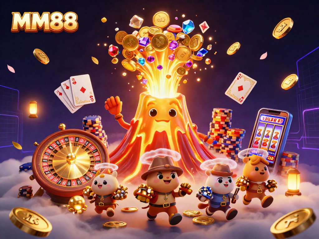 Win big with MM88: 3D illustration of a golden volcano erupting treasures in a casino scene.