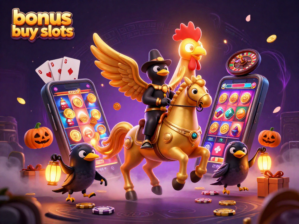 Experience bonus buy slots with a golden rooster hero in a vibrant casino illustration.