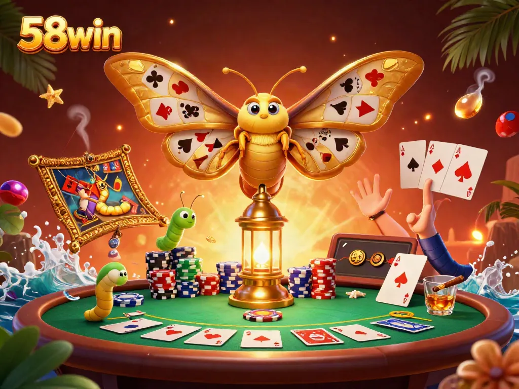 Engage with 58win's lively casino atmosphere featuring a vibrant moth and poker scene.