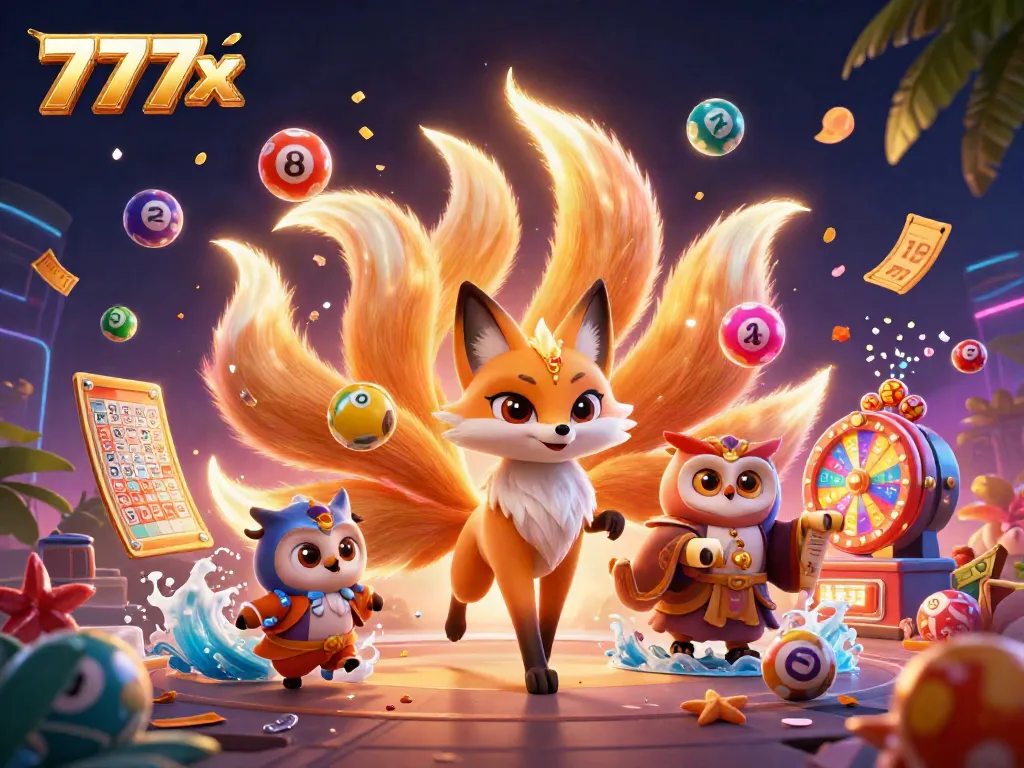 Experience vibrant gaming fun at 777x with colorful lottery balls and a mythical scene.