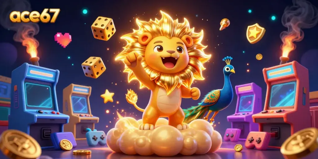 Experience ace67 with a thrilling 3D illustration featuring a roaring lion and glowing game elements.