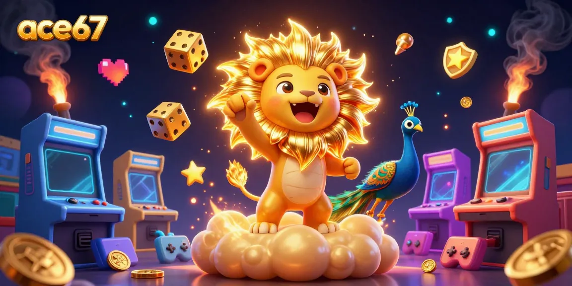Experience ace67 with a thrilling 3D illustration featuring a roaring lion and glowing game elements.