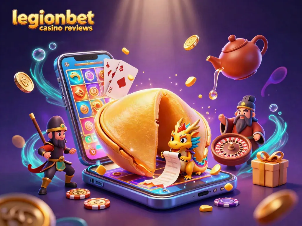 Explore legionbet casino reviews in a vibrant, ultra-detailed digital illustration showcasing casino elements and characters.