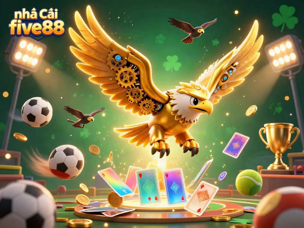 Experience thrilling action at nhà cái five88 with a dynamic scene featuring a cybernetic eagle diving through holographic cards.