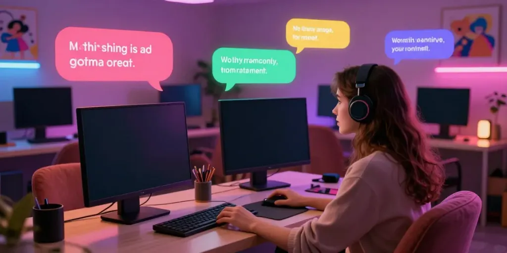Engaging ai chat porn scene with a digital avatar in a vibrant chatroom.