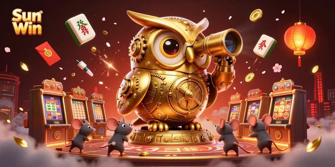 Enjoy the vibrant scene of Sun Win with animated gold elements and a clockwork owl in a bustling casino.
