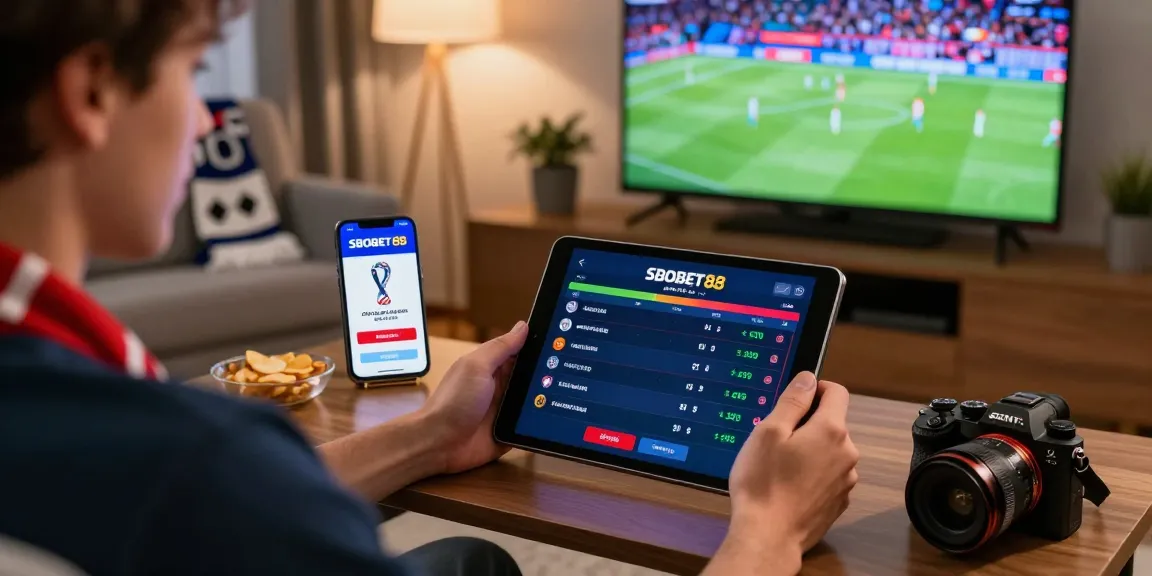 SBOBET login screen displayed on a tablet, with live sports betting and cozy home setting, showcasing an engaging online betting experience.