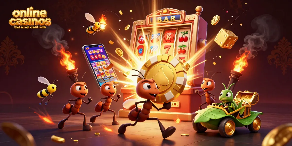 Experience the excitement of online casinos that accept credit cards with ants heisting a giant poker chip amidst a jackpot explosion