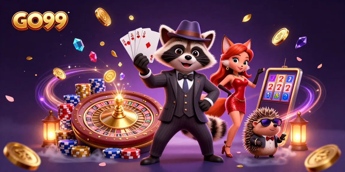 GO99 brings excitement with a raccoon and fox in a vibrant casino scene of winning hands.
