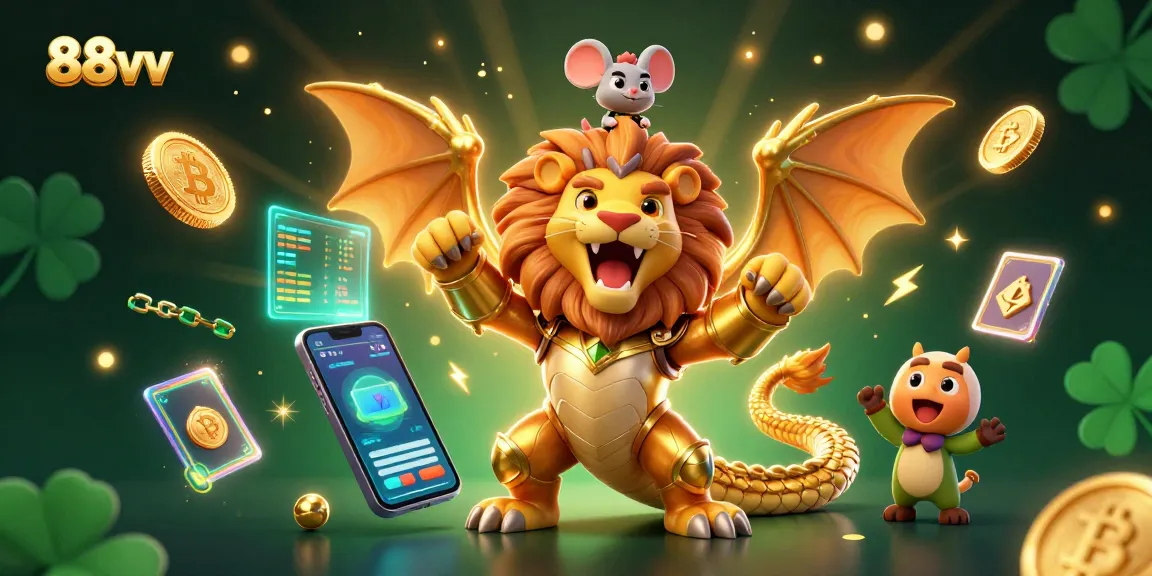 Engage with thrilling crypto slots at 88vv, highlighted by a majestic chimera and vibrant digital elements.