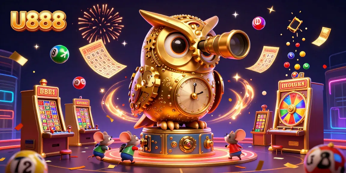 Experience the excitement of U888 with animated lottery elements and a magical golden owl.