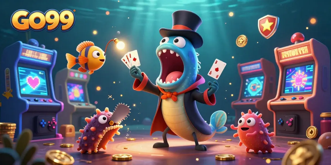 Engage with GO99's thrilling underwater casino scene featuring dynamic characters and vibrant game elements.