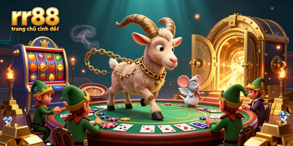 Engage with the thrilling games at rr88 trang chủ chính thức as Krampus oversees a festive casino scene with vibrant slot reels.
